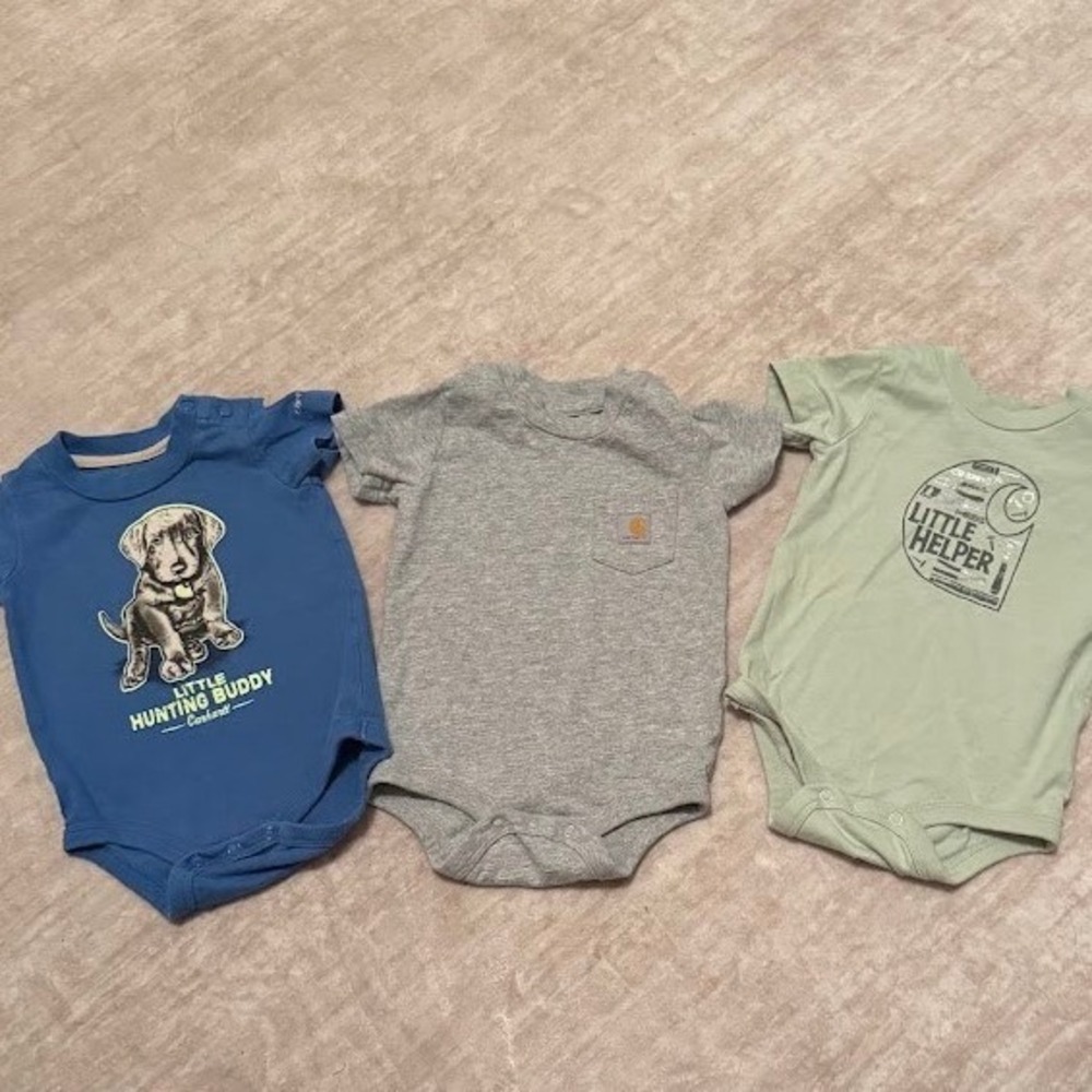 Carhartt Baby Boy Bodysuits Set of 3 Blue Gray Green 6 Months Graphic Pocket